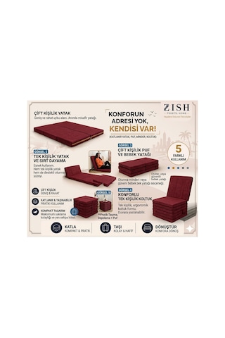 Zishome Tek Kişilik Multipurpose 5 İn 1 Bordo Çift Kişilik Katlanır Süngerli Misafir Yer Yatağı Ve Minder 7cm