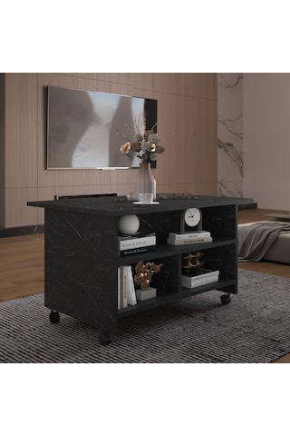 Asra Trend Orta Sehpa OS001 %100 MDF Tekerlekli İki Katlı Geniş Raf Takımı Royal Mermer