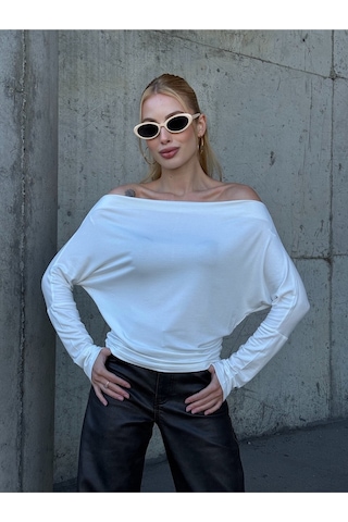 Kadın Kayık Yaka Full Esnek Asimetrik Kesim Comfort Spor Şık Tasarım Yumoş Bluz Beyaz
