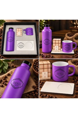 Bk Gift Kişiye Özel İsimli Mor Cam Suluk & Kahve Fincanı & Türk Kahvesi & Mdf Altlıklı - Hediye Kutulu Mor Set-3