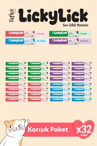 Reflex Plus Lickylick Sıvı Ödül Maması Karışık Paket 15 Gr X 32 Adet