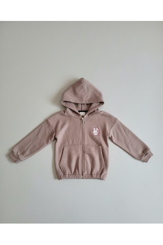 Minik Tavşan Nakışlı Fermuarlı Kapüşonlu Kız Çocuk Polar Hırka Kahverengi