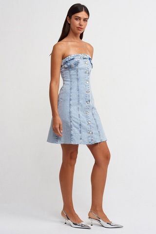 Dilvin 90524 Eteği Dikişsiz Kloş Denim Elbise-Mavi