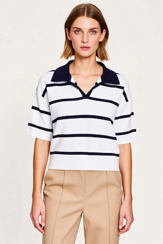 Benerly Kadın Bluz Triko Polo Yaka Kısa Kol Çizgili Crop Boy Regular Kalı Lacivert