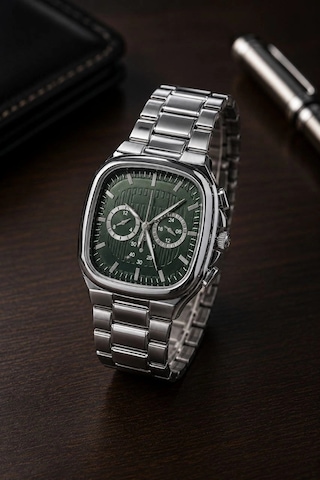 Erkek Gümüş Metal Kordon Analog Kol Saati Yeşil Kadran Takvim Göstergeli - Gümüş Çok Renkli