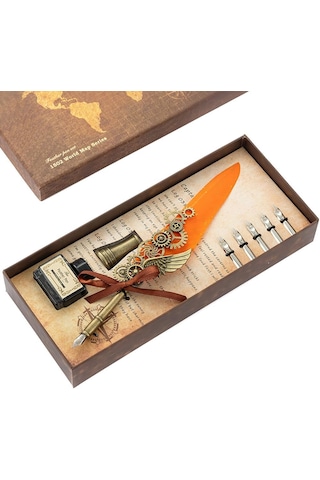 Vintage Gear Wing Kuş Tüy Kalemli Divit Yazı Seti Turuncu