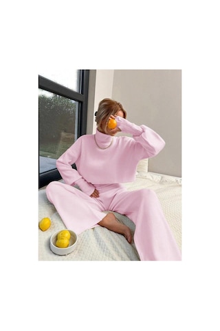 De Pose Pembe Parmak Geçmeli Crop Yüksek Bel Triko Takım