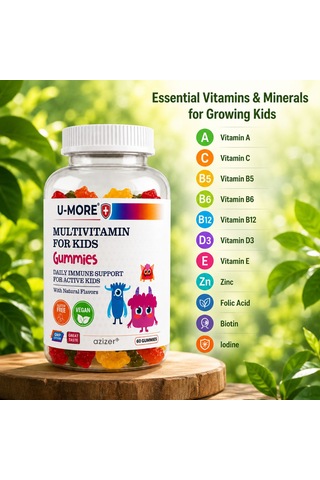 Multivitaminli Çocuk Gummies 60 Adet Şekersiz, Sığır Jelatini İçermez, Çilek-portakal Aromalı