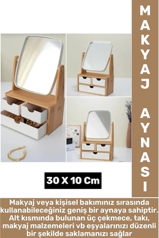 Dayanıklı Ahşap Makyaj Takı Organizer Ev Ofis Ayarlanabilir Aynalı Çok Şık Tasarım 3 Çekmeceli Ayna Çok Renkli