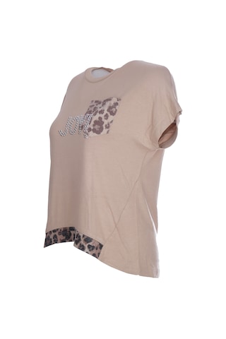Ysatis Minimalist Oversize Kısa Kol Kadın Bluz - Leopar Detay Bej
