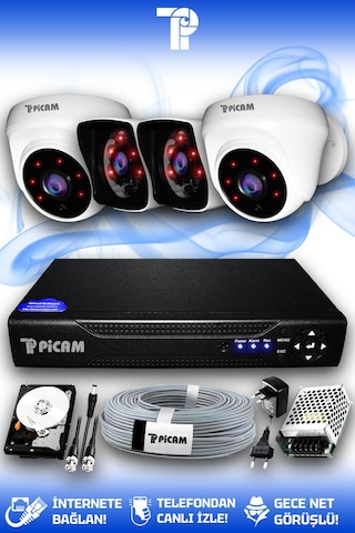 Picam 4 Kameralı Kare 2 İç Kamera Set 250 GB HDD Full HD Gece Görüşlü Güvenlik Kamerası Sistemi