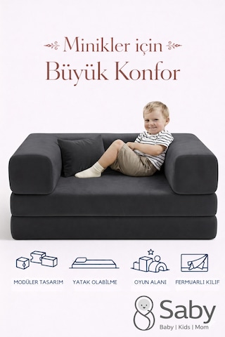 Premium 140x70 Cm Modüler Çocuk Ve Genç Koltuğu Yatak Olabilen Sünger Oyun Alanı Yıkanabilir Kılıf Siyah