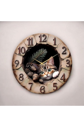 Ahşap Kabartma Görünümlü Renkli Baskı Kedi Desenli Sayılı Hediyelik Ahşap Sessiz Duvar Saati 50cm ÇOk Renkli