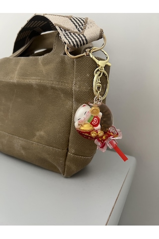 Feng Shui Şans Ve Bereket Kedisi Figürlü Sulu Anahtarlık / Çanta Süsü Patili Kedi Model 4 Maneki Neko