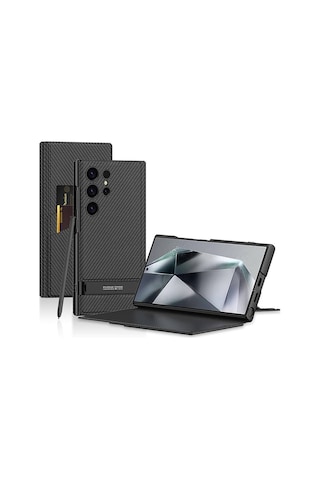 Galaxy Uyumlu S24 Ultra Kılıf Kamera Korumalı Karbon Tasarım Droga Standlı Kartlıklı Kapaklı Kılıf-siy