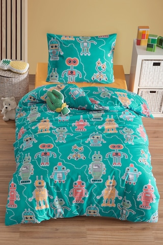 Eponj Home Tek Kişilik Pamuklu Nevresim Takımı 3 Parça Roboti Desen Yeşil / Yumuşak Dokulu Yeşil