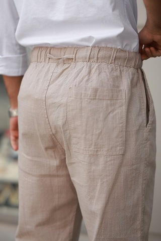 Erkek Beli Lastikli Keten Rahat Pantolon Bej