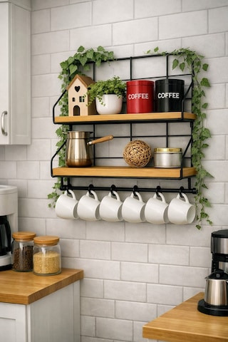 Miro 2 Katlı Metal Ahşap Duvar Rafı Anahtarlık Askılığı Antre, Banyo Ve Mutfak Organizeri