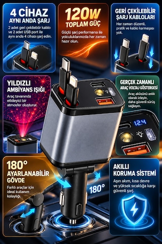 120w Araç Şarj Cihazı 4 Çıkışlı 100w Type-c Hızlı Şarj Geri Çekilebilir Kablolu Yıldız Tavan Işıklı Dex-51