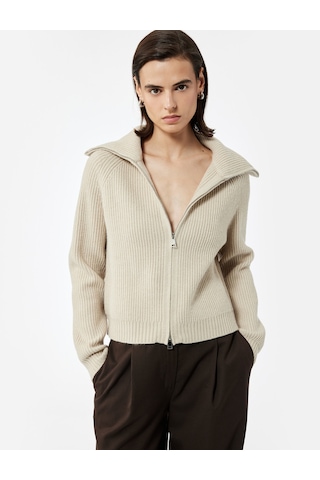 Koton Regular Fit Dik Yaka Fermuarlı Uzun Kollu Triko Hırka Taş 6wak90019ht Taş