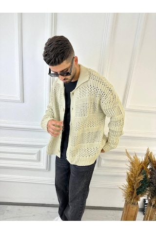 Elku Moda Hırka Oversize Özel Örgülü Triko Desenli Salaş Örgü Hırka Krem