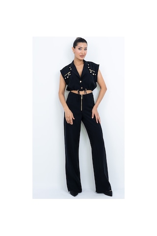 Dorne Moda Özel Seri Fermuar Ve Cep Detaylı Crop Yelek Bluz Ve Bol Paça Pantolon İkili Takım - Düğün - Mezuniyet - Ofis Şıklığı Siyah Siyah