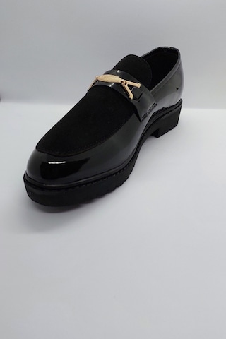 %100 El İşçiliği Rugan Rahat Tbn Altın Bağcıksız Klasik Ayakkabı Siyah - Altın