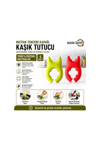 Mainshop 4 Lü Set Tencere Kenarı Kaşık Tutucu Ve Kapak Dayanağı - Çok Amaçlı Mutfak Aparatı M-50 Çok Renkli
