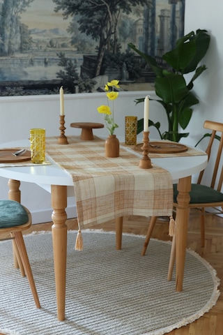 Yakacihome Juta Tarçın 5 Parça 4 Parça Amerikan Servis & 1 Parça Püsküllü Runner Jüt Kumaş Sofra Seti Tarçın