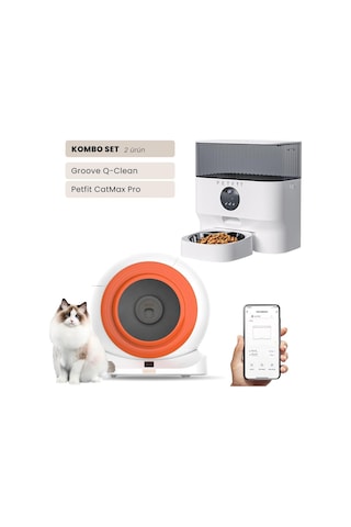 Groove Q-clean Wi-fi Akıllı Otomatik Kedi Tuvaleti Turuncu + Petfit Catmax Pro 5l Wi-fi Kameralı Akıllı Otomatik Mama Kabı Besleme Ünitesi Bundle