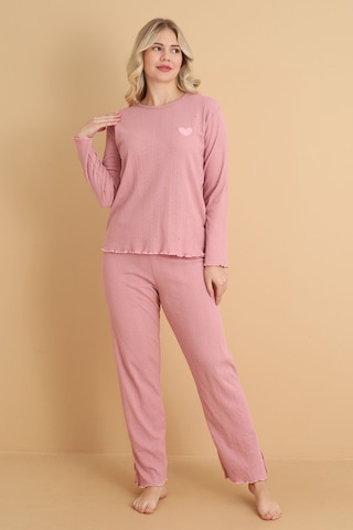 Mr-8601 Pointel Kumaş Mevsimlik Günlük Kalpli Kadın Pijama Takımı Pudra