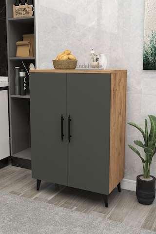 6 Raflı 4 Kapaklı Çok Amaçlı Dolap Beyaz - Atlantik Çam - Koyu Gri Çok Renkli