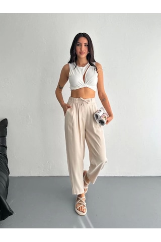 Kadın Yüksel Bel Beli Bağcıklı Rahat Boru Paça Pantalon - Kırık Beyaz Kırık Beyaz