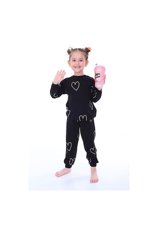 Zuzunga Minik Kalpler Desenli %100 Pamuk Kız Çocuk Pijama Takımı Siyah