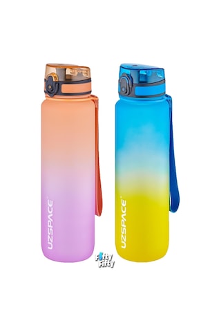 Uzspace 2'li Tritan Matara Seti 1000ml Büyük Boy Çift Renk Softtouch Ff Collection Tritan Su Matarası Mor Turuncu - Sarı Lacivert