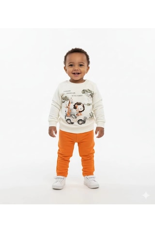 Erkek Bebek Orman Hayvanları Baskılı Alt Üst İkili Gündelik Takım Turuncu