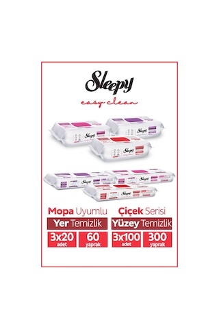 Sleepy Easy Clean Çiçek Serisi 3x100 Yüzey, 3x20 Yer Temizlik Havlusu Karma Paket Tekli