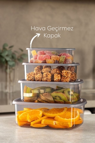 Vienev 4lü Hava Geçirmez Saklama Kabı Seti Antrasit 1x 250-500-750-1200 Ml Antrasit