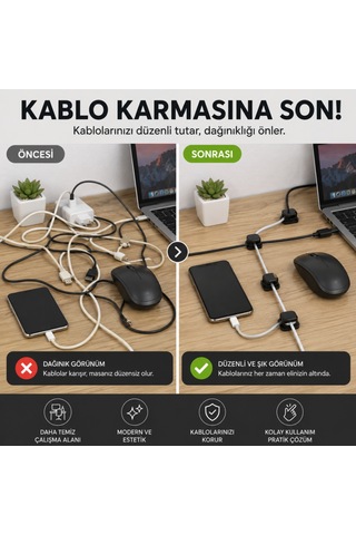 Coofbe 6'lı Yapışkanlı Kablo Tutucu Klips Masaüstü Kablo Düzenleyici Şarj Kablosu Sabitleyici