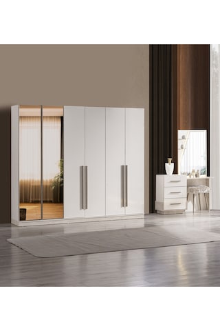 6 Kapaklı Aynalı Gardırop Bej
