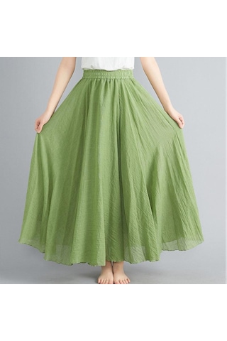 Yaz Sonbahar Kadın Etek Edebi Büyük Boy Pamuk Keten Yarım Etek Elastik Bel Keten A-line Etek Uzun Bölüm Saf Renk Rüzgar Salıncak Etek Çimen Yeşili