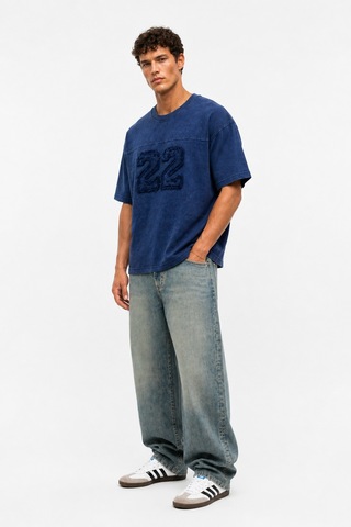 Respire Erkek 22 Nakışlı Yıkamalı Oversize T-shirt Lacivert