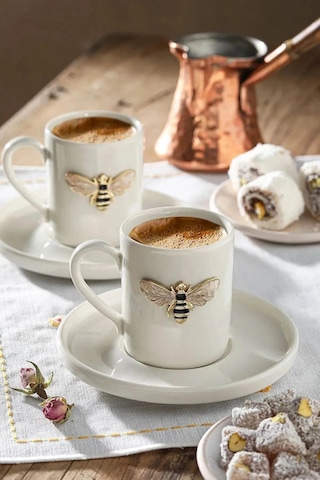 2 Kişilik Beyaz Porselen Arı Kahve Fincan Takımı Sunum Fincanı Beyaz