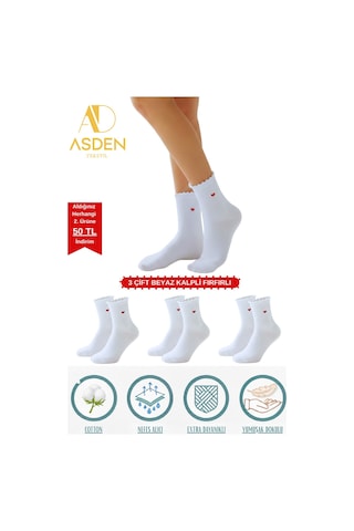 Asden Pamuklu Kadın Lastiksiz Beyaz Fırfırlı Soket Dikişsiz Çorap 3'lü / İz Bırakmaz / Sıkmayan Çorap Beyazfırfırkalpsoket