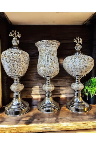 3'lü Dekoratif Prestij Dekoratif Vazo Set - Ekru Ekru