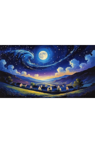 Doğa Ve Manzara Yatay Sessiz Bir Köyün Üzerinde Yıldızlı Gece Parlayan Ay 07 Çerçevesiz 90x60cm Pvc Tablo