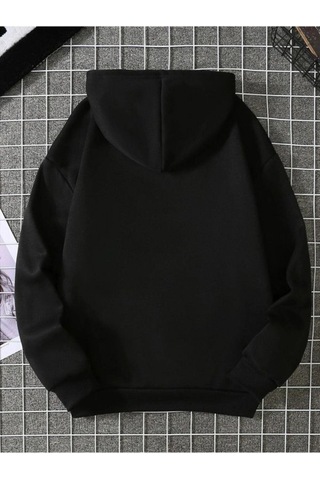 Yarım Kalp Sweatshirt - Siyah Baskılı Oversize Kışlık Kalın Kapüşonlu Siyah