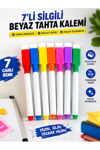 Bakgelal 7'li Silgili Beyaz Tahta Kalemi Akrilik Çizim Panosu Uyumlu Renkli Set Çok Renkli
