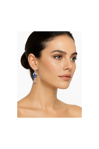 Safir Taşlı Pırlanta Model Çiçek Demeti Sallantılı Kadın Gümüş Küpe Gümüş