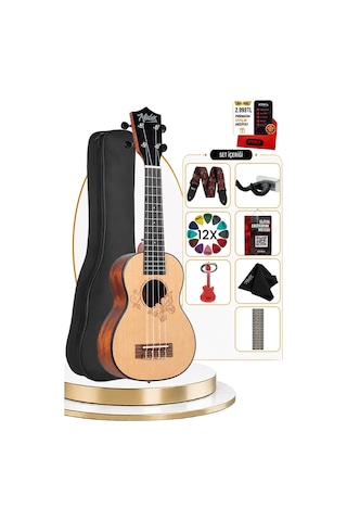 Midex Spa-261 Ladin Ağacı Kelebek Desenli Kaliteli Soprano Ukulele Seti